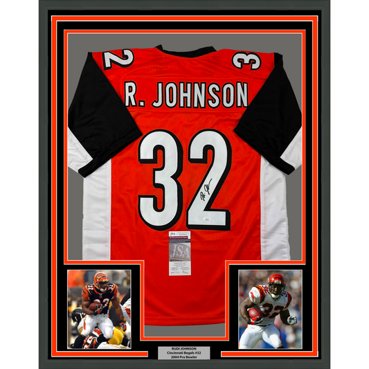 Framed Autographed/Signed Rudi Johnson 35x39 Cincinnati Orange Football Jersey JSA COA