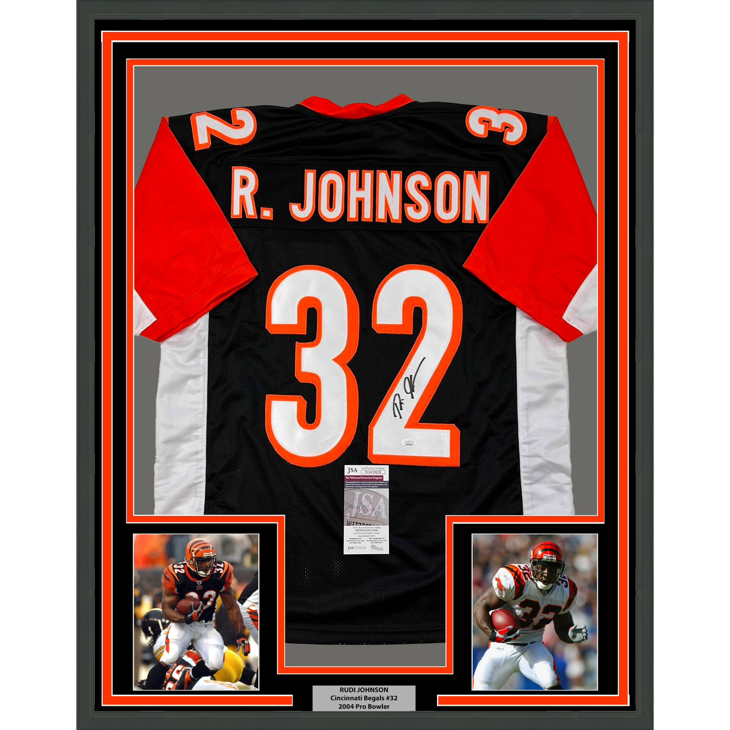 Framed Autographed/Signed Rudi Johnson 35x39 Cincinnati Black Football Jersey JSA COA