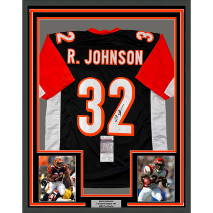 Framed Autographed/Signed Rudi Johnson 35x39 Cincinnati Black Football Jersey JSA COA