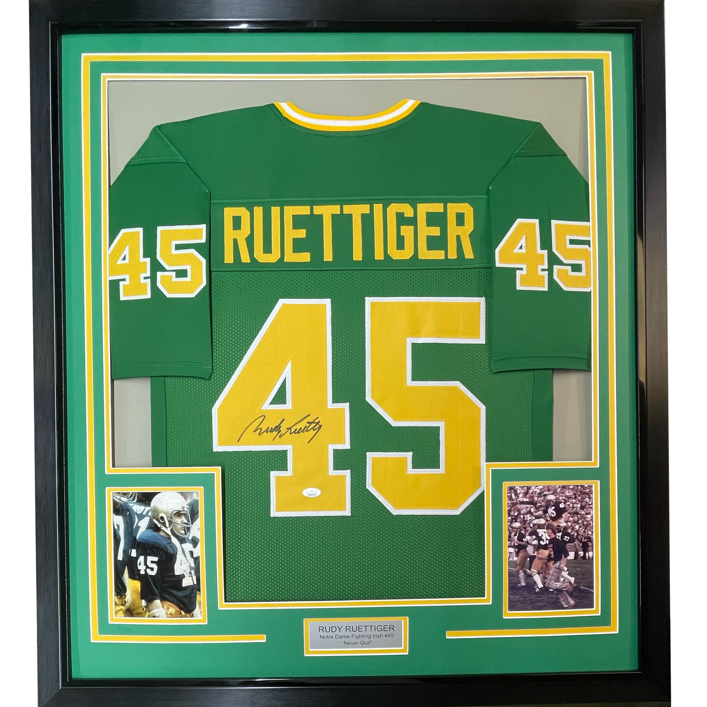 Framed Autographed/Signed Rudy Ruettiger 35x39 Notre Dame Green College Football Jersey JSA COA