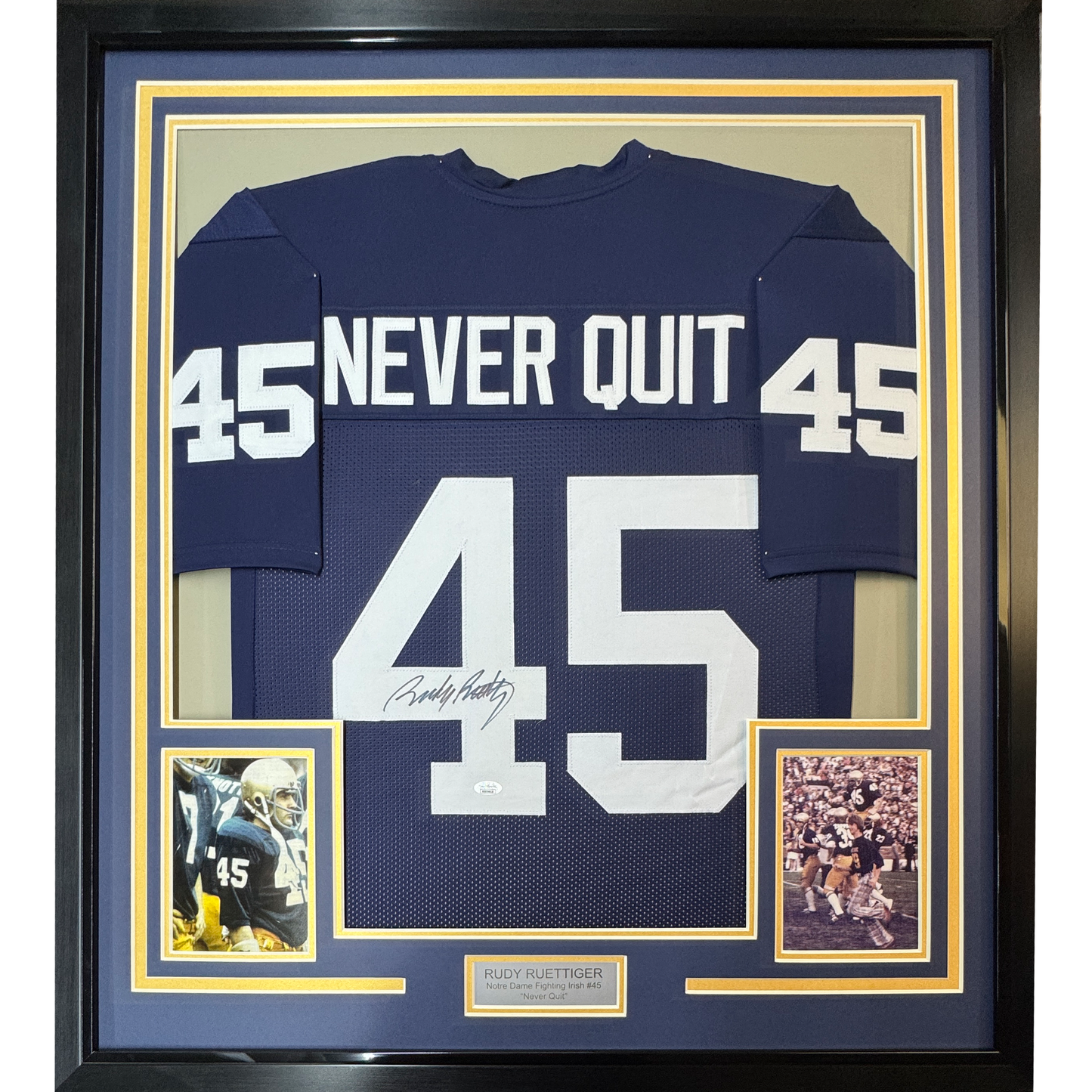 Framed Autographed/Signed Rudy Ruettiger 35x39 Never Quit Notre Dame Blue College Football Jersey JSA COA