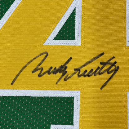 Framed Autographed/Signed Rudy Ruettiger 35x39 Notre Dame Green College Football Jersey JSA COA