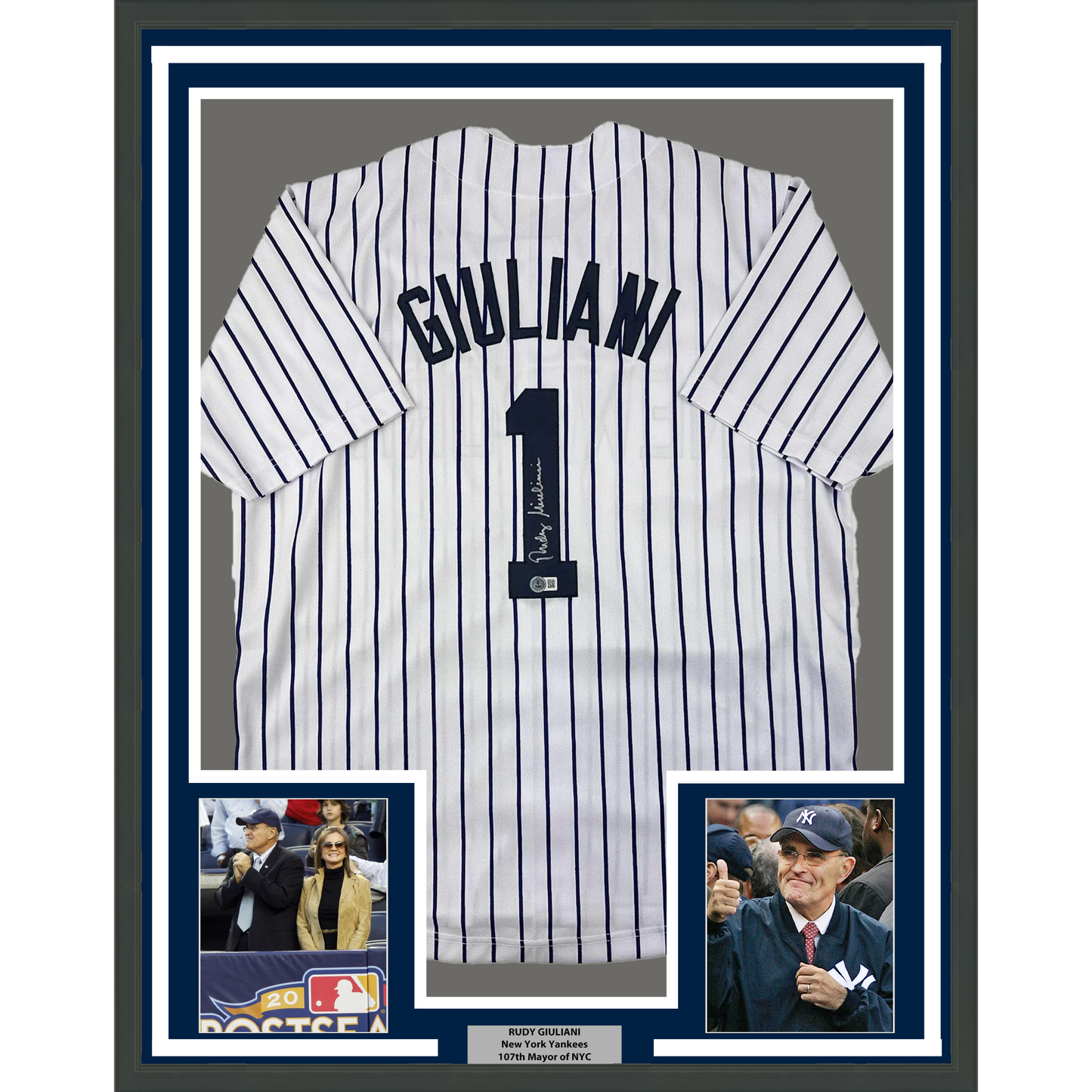 Framed Autographed/Signed Rudy Giuliani 35x39 New York Pinstripe Baseball Jersey Beckett BAS COA
