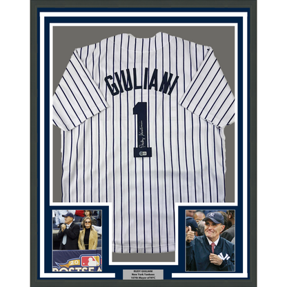 Framed Autographed/Signed Rudy Giuliani 35x39 New York Pinstripe Baseball Jersey Beckett BAS COA