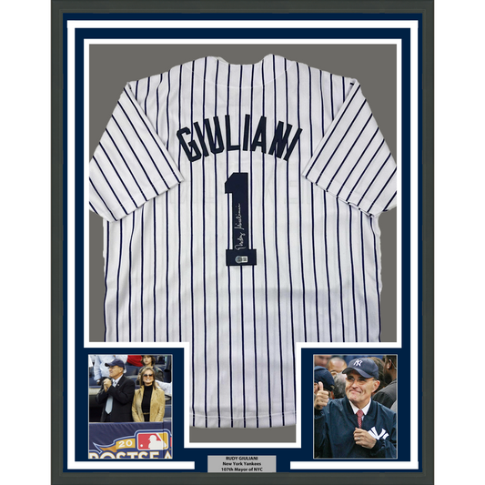 Framed Autographed/Signed Rudy Giuliani 35x39 New York Pinstripe Baseball Jersey Beckett BAS COA