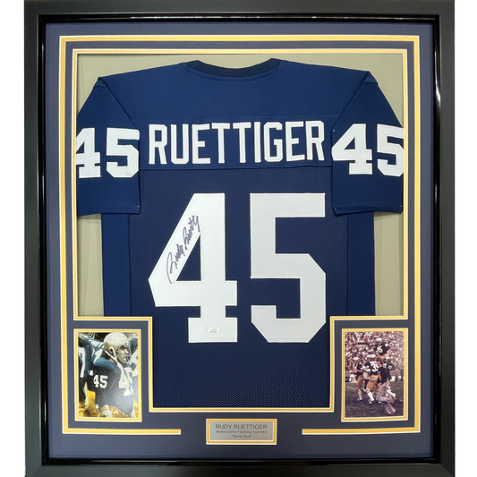 Framed Autographed/Signed Rudy Ruettiger 35x39 Notre Dame Blue College Football Jersey JSA COA