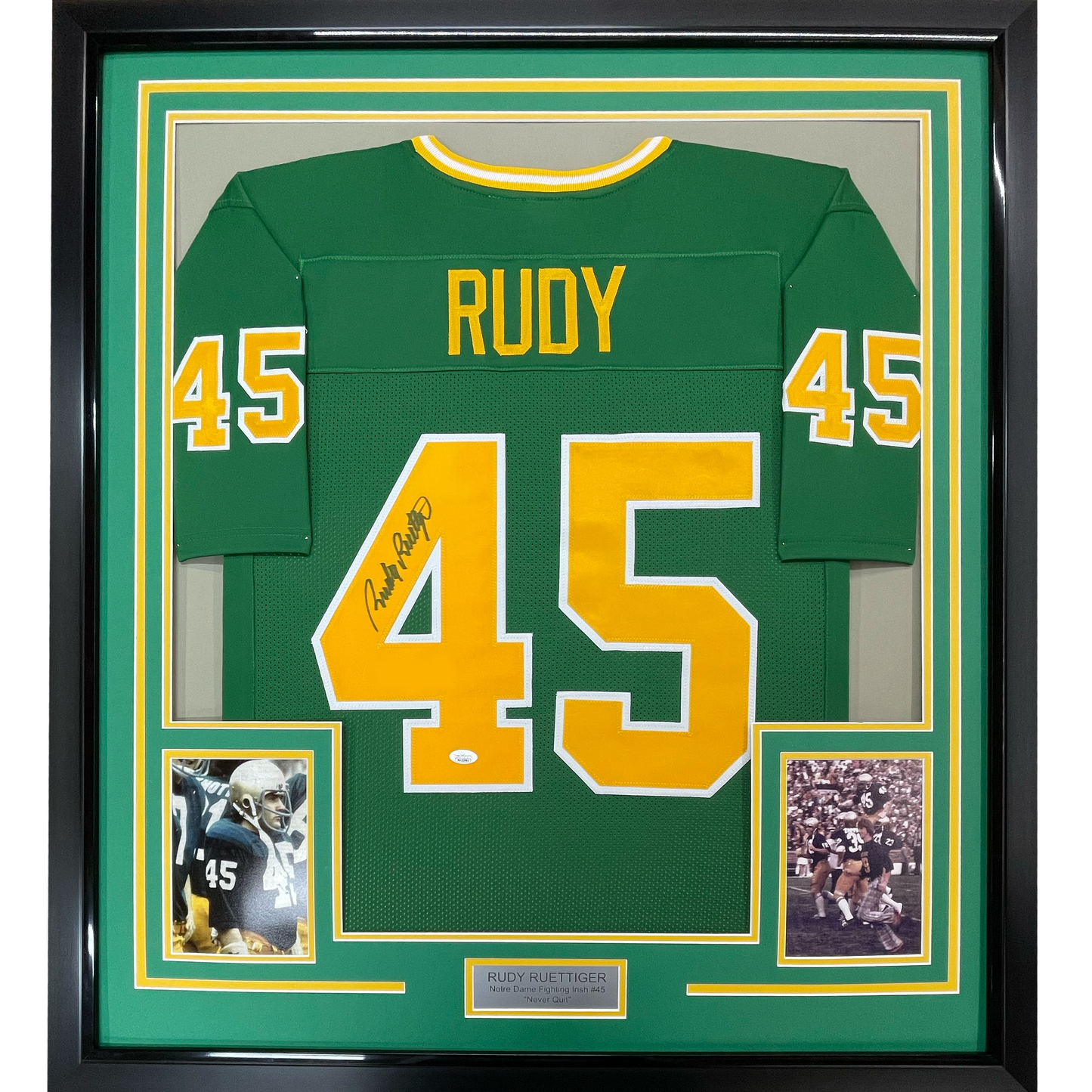 Framed Autographed/Signed Rudy Ruettiger 35x39 Notre Dame Green Rudy College Football Jersey JSA COA