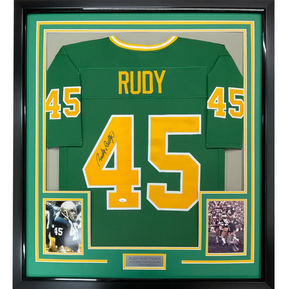 Framed Autographed/Signed Rudy Ruettiger 35x39 Notre Dame Green Rudy College Football Jersey JSA COA