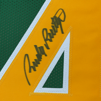 Framed Autographed/Signed Rudy Ruettiger 35x39 Notre Dame Green Rudy College Football Jersey JSA COA