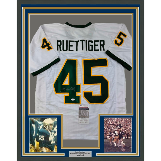 Framed Autographed/Signed Rudy Ruettiger 35x39 Notre Dame White/Green College Football Jersey JSA COA