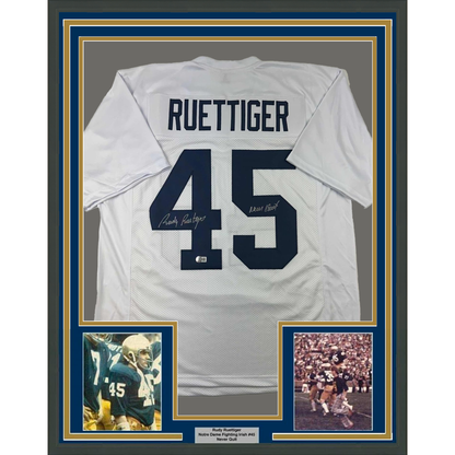 Framed Autographed/Signed Rudy Ruettiger 35x39 Notre Dame White College Football Jersey JSA COA