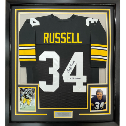 Framed Autographed/Signed Andy Russell 2x Super Bowl Champs 35x39 Pittsburgh Black Football Jersey JSA COA