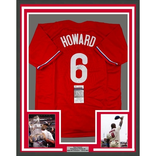 Framed Autographed/Signed Ryan Howard 35x39 Philadelphia Red Baseball Jersey JSA COA
