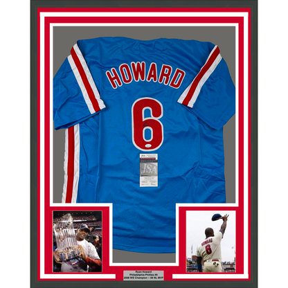 Framed Autographed/Signed Ryan Howard 35x39 Philadelphia Blue Retro Baseball Jersey JSA COA