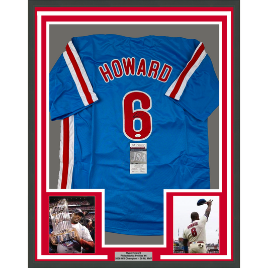 Framed Autographed/Signed Ryan Howard 35x39 Philadelphia Blue Retro Baseball Jersey JSA COA