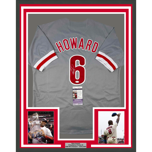 Framed Autographed/Signed Ryan Howard 35x39 Philadelphia Grey Baseball Jersey JSA COA