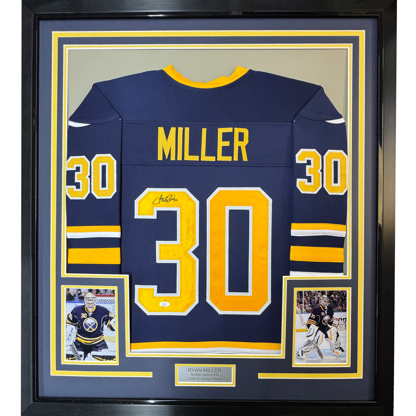 Framed Autographed/Signed Ryan Miller 35x39 Buffalo Blue Hockey Jersey JSA COA