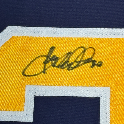 Framed Autographed/Signed Ryan Miller 35x39 Buffalo Blue Hockey Jersey JSA COA