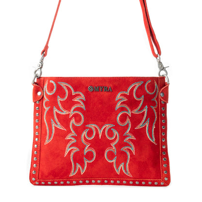 Myra Texas Rose Embroidered Leather Sling Bag for Women – Suede Finish with Silver Studded Detail