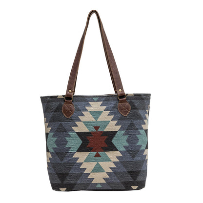 Myra Polos Aztec Canvas Tote for Women – Tribal Print Body with Dual Leather Handles for Everyday Western Style