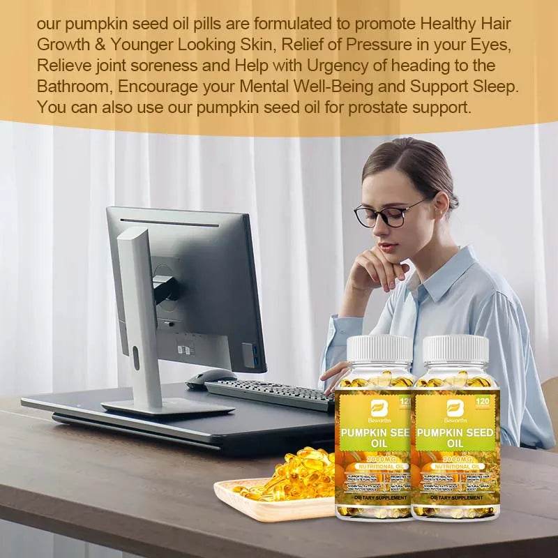 BEWORTHS Pumpkin Seed Oil Capsules for Brain Boost Prostate Urinary Function &Cardiovascular Health Hair Growth Boost Metabolism