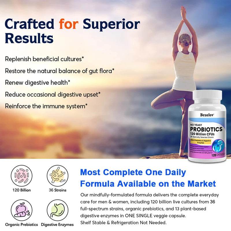 Bcuelov Probiotics 120 Billion CFU - 36 Strains with Prebiotics & Digestive Enzymes for Intestinal Digestion and Immune Support
