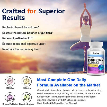 Bcuelov Probiotics 120 Billion CFU - 36 Strains with Prebiotics & Digestive Enzymes for Intestinal Digestion and Immune Support