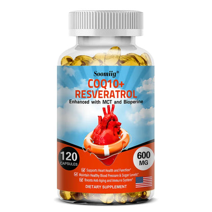 120 CoQ10 + Resveratrol Capsules Supplement to Support Energy, Vitamins, Heart Health and Blood Pressure Levels