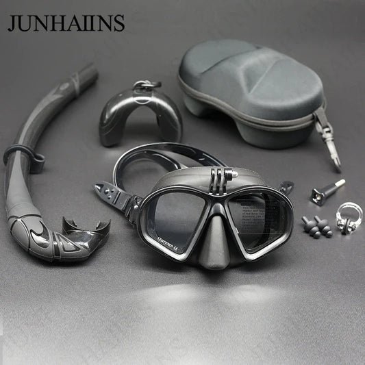 Wet Low Volume Diving Mask Tempered Glass Freedive Mask J-type Diving Mask Snorkel Set with Camera Mount Black