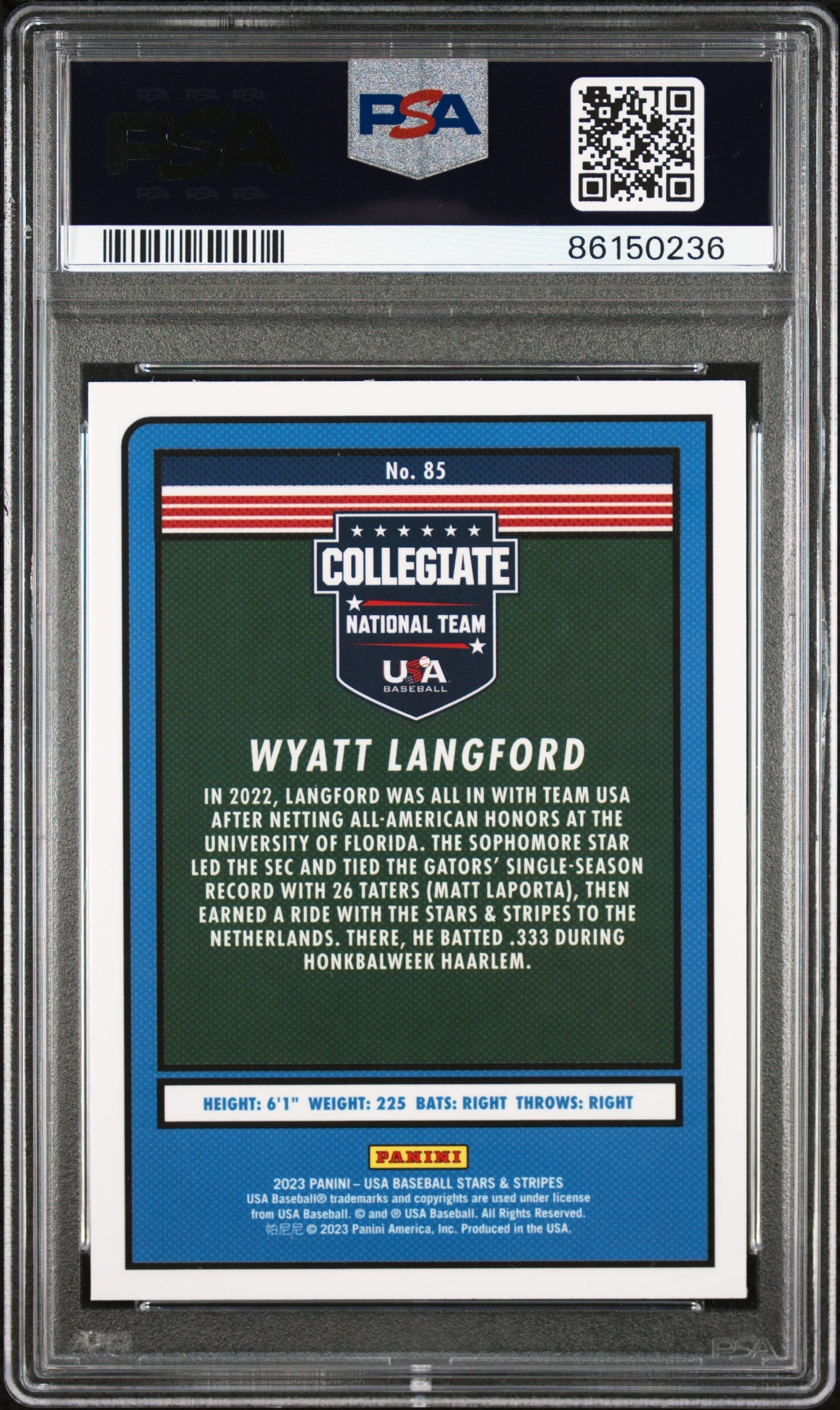 Graded 2023 Panini Stars & Stripes USA Wyatt Langford #85 Rookie RC Baseball Card PSA 10 Gem Mint