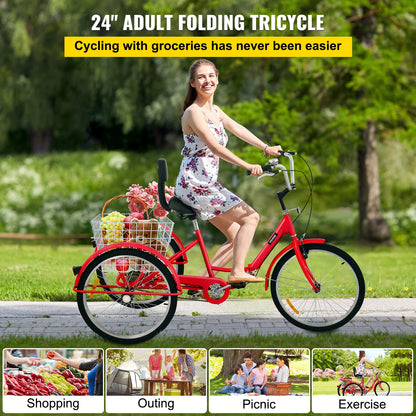 VEVOR Foldable Adult Tricycle 24'' 1 Speed Red White Green Blue 3-Wheel Folding Bike with Shopping Basket