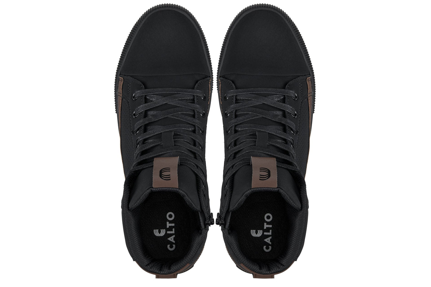 CALTO - S3422 - 2.4 Inches Taller (Black/Coffee Brown) - Cap Toe High Top Zip-Up Sneaker Boots