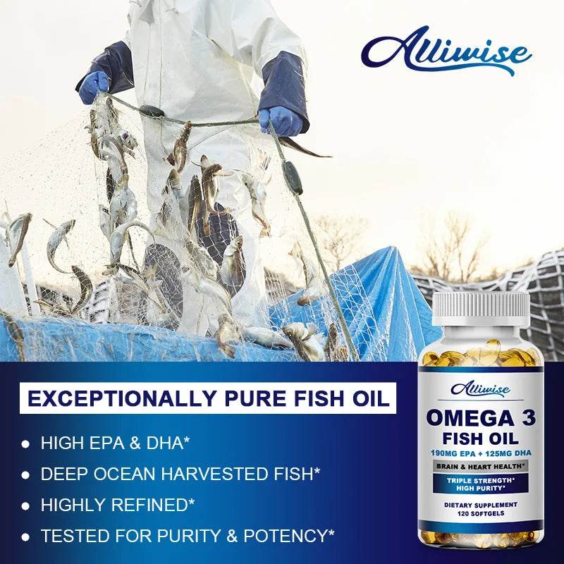Alliwise Omega 3 Fish Oil Capsules Helps Brain & Cardiovascular System, Relief Eye Fatigue, Improve Cognitive & Learning Ability