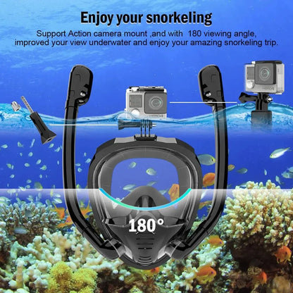 Full Face Snorkel Mask 180°Panoramic View Silicone Dry Top Snorkeling Diving Swimming Goggles With 2 Snorkels Anti-Fog Anti-Lea