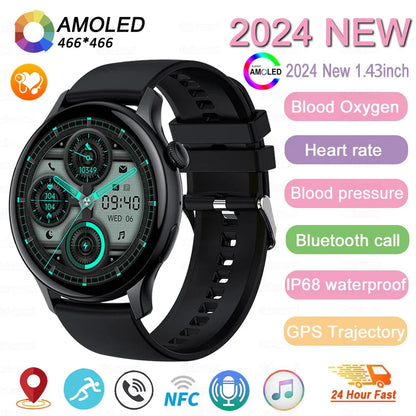 2024 New GPS Smart Watch Women True AMOLED 466*466 HD Screen Health Tracker Sports NFC Voice Bluetooth Call Smartwatches Ladies
