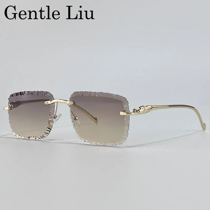 Fashion Square Rimless Punk Sunglasses Men 2025 Luxury Brand Cut Edge Frameless Sun Glasses For Male Leopard Head Eyewear Shades