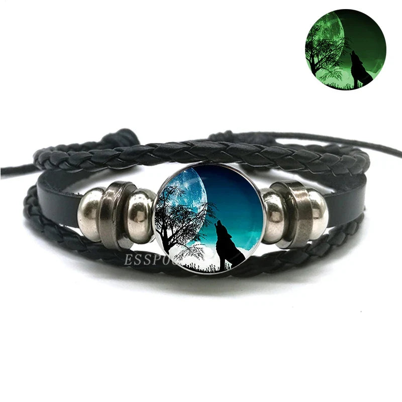 Glow In The Dark Wolf Head Bracelet Multilayer Leather Bracelet Charm Women Men Fashion Luminous Bracelets Wolf Jewelry