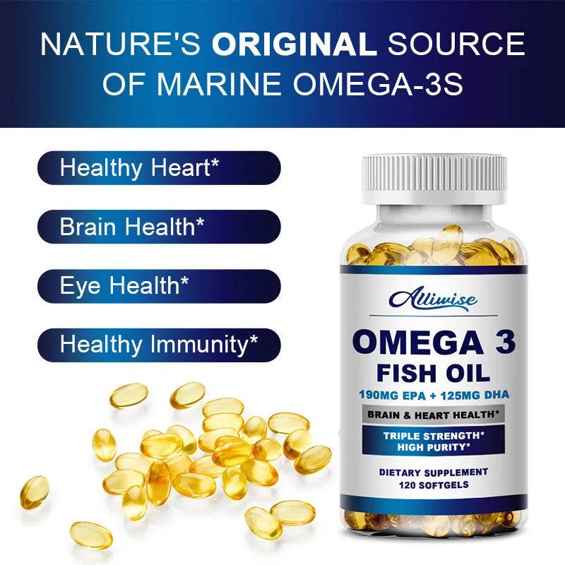 Alliwise Omega 3 Fish Oil Capsules Helps Brain & Cardiovascular System, Relief Eye Fatigue, Improve Cognitive & Learning Ability