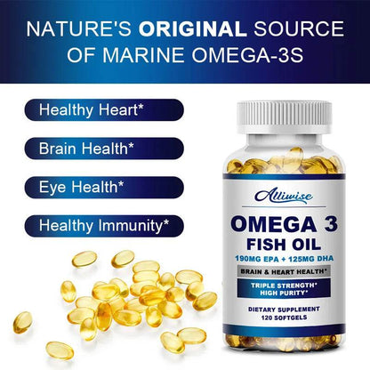 Alliwise Omega 3 Fish Oil Capsules Helps Brain & Cardiovascular System, Relief Eye Fatigue, Improve Cognitive & Learning Ability