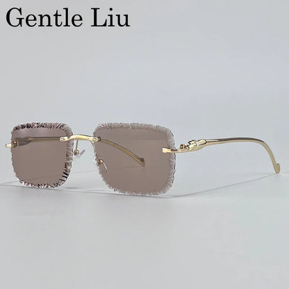 Fashion Square Rimless Punk Sunglasses Men 2025 Luxury Brand Cut Edge Frameless Sun Glasses For Male Leopard Head Eyewear Shades