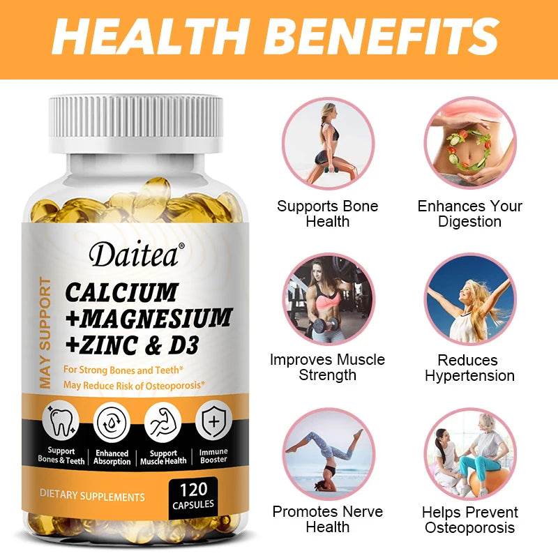 Calcium, Magnesium, Zinc + Vitamin D3 for Healthy Teeth, Bones and Muscles, Heart and Nervous System Health, Immune Function
