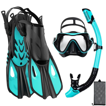 Mask Fin Snorkel Set Snorkel Gear for Adult Panoramic View Snorkel Mask Adjustable Dive Flipper Dry Top Snorkel and Travel Bag