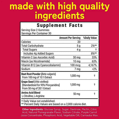 Beetroot Gummies - with Grapeseed and Anthocyanins - Energy, Circulation and Heart Health, Blood Pressure Support, Antioxidants