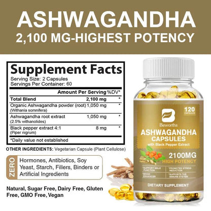 BEWORTHS Ashwagandha Root Extract Capsule Help Sleep Improve Sleep Quality Calm Down Emotions Relieve Anxiety Mood Health