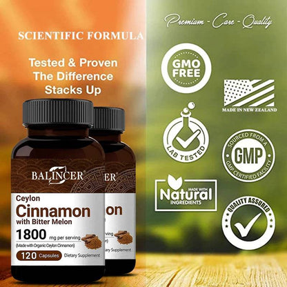 Ceylon Cinnamon 1800mg - Organic Ceylon Cinnamon & Organic Bitter Melon, 2-in-1 Support, Bone, Joint, Blood Sugar, Antioxidant