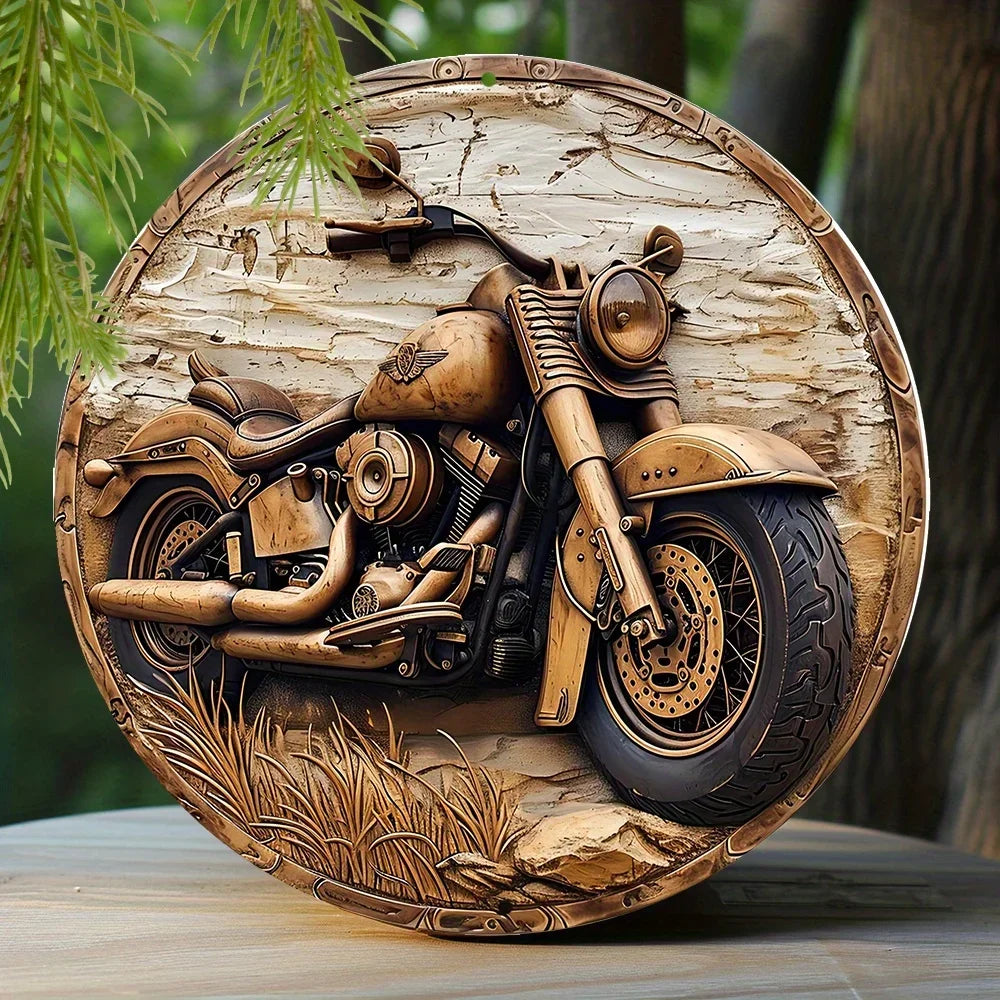 Round Faux Wooden Carved Painted Circular Wreath Sign, Entrance Decoration Gifts Motorcycle Themed Decoration