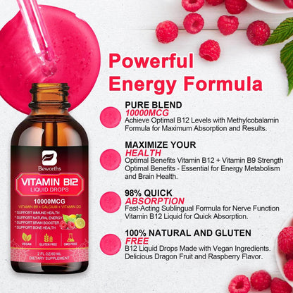 BEWORTHS Vitamin B12 Drops Energy Supplements Support Immune Health Protecting Cardiovascular Health Promote Digestion
