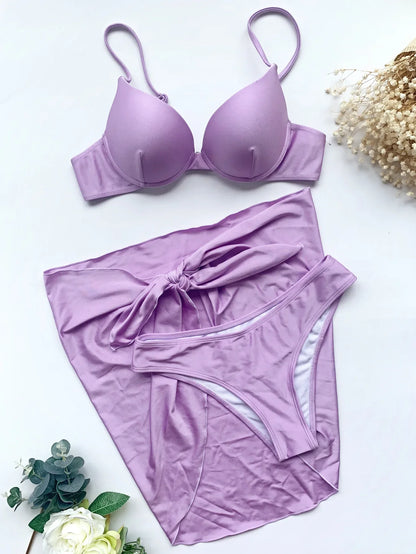 Women solid push up underwire three piece set