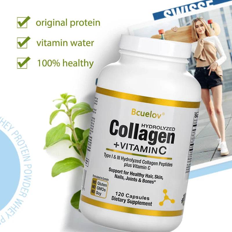 Bcuelov Type I & III Hydrolyzed Collagen Peptides Plus Vitamin C Supports Healthy Hair, Skin, Nails, Joints & Bones