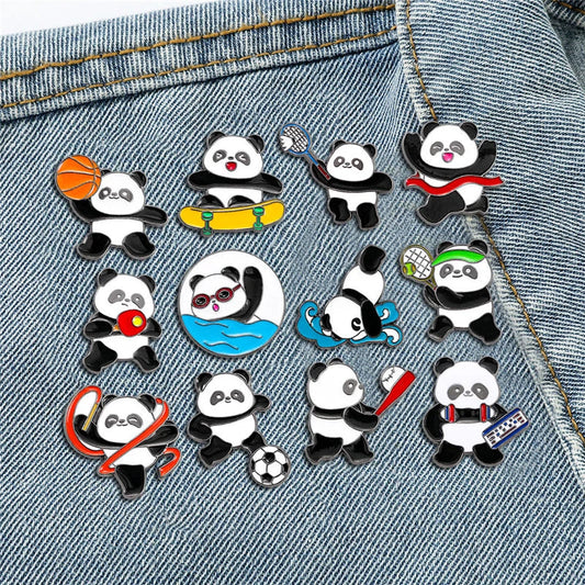 Cartoon Panda Athlete Enamel Pins: Basketball, Baseball, Swimming, Skateboard Brooch Badge Lapel Jewelry Gifts